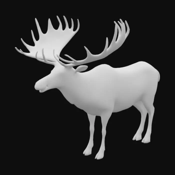 3D model for Ultra-realistic 3D model of a North American moose (Alces alces), full-body, standing in a neutral, symmetrical pose with legs evenly positioned and head facing forward. Anatomically accurate proportions, including muscular structure, long legs, broad snout, large dewlap, and detailed antlers. True-to-life fur texture with proper coloration — dark brown body, lighter legs, and subtle variation across the coat. High-resolution textures and realistic surface details, including fur direction, skin folds, and antler surface roughness. The model should reflect scientific accuracy and be suitable for close-up rendering in natural lighting. No stylization or exaggeration — pure biological realism