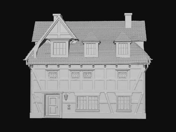 3D model for German half-timbered house made of oak with masonry infill, white lattice windows, old hand-formed red clay roof tiles, gabled roof with dormers. The front door has infill panels and a small window