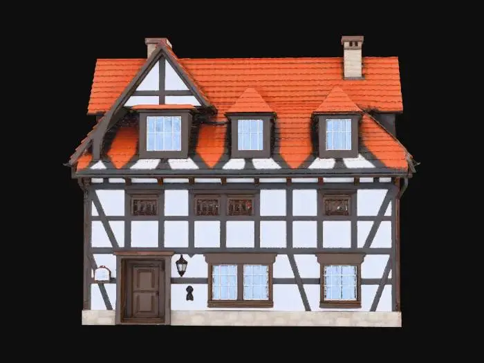 3D model for German half-timbered house made of oak with masonry infill, white lattice windows, old hand-formed red clay roof tiles, gabled roof with dormers. The front door has infill panels and a small window