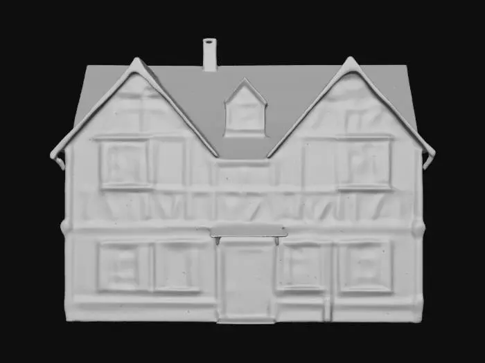 3D model for German half-timbered house made of oak with masonry infill, white lattice windows, old hand-formed red clay roof tiles, gabled roof with dormers. The front door has infill panels and a small window