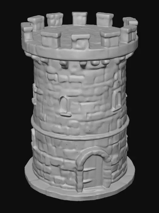 3D model for A formidable two-story medieval round tower, constructed from rough-hewn grey stone bricks with visible mortar lines, giving a robust, gritty texture. Its cylindrical form is crowned with weathered battlements. Each story features deeply recessed round-arched windows, and a heavy, dark wooden round-arched door with iron hinges marks the ground floor, all topped with matching stone lintels. The surface feels cool and coarse.