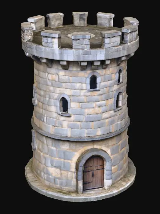 3D model for A formidable two-story medieval round tower, constructed from rough-hewn grey stone bricks with visible mortar lines, giving a robust, gritty texture. Its cylindrical form is crowned with weathered battlements. Each story features deeply recessed round-arched windows, and a heavy, dark wooden round-arched door with iron hinges marks the ground floor, all topped with matching stone lintels. The surface feels cool and coarse.