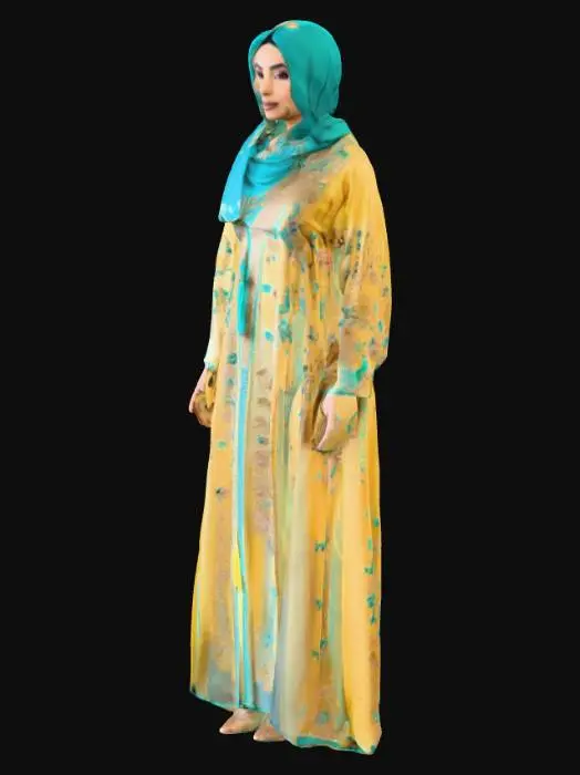 3D model for Sunlit Yellow Abaya with Teal Embroidery, pakistani woman with yellow dress and headcarf, tight butt, with vibrant hues and meticulous details, Magnificently decorated oriental dress