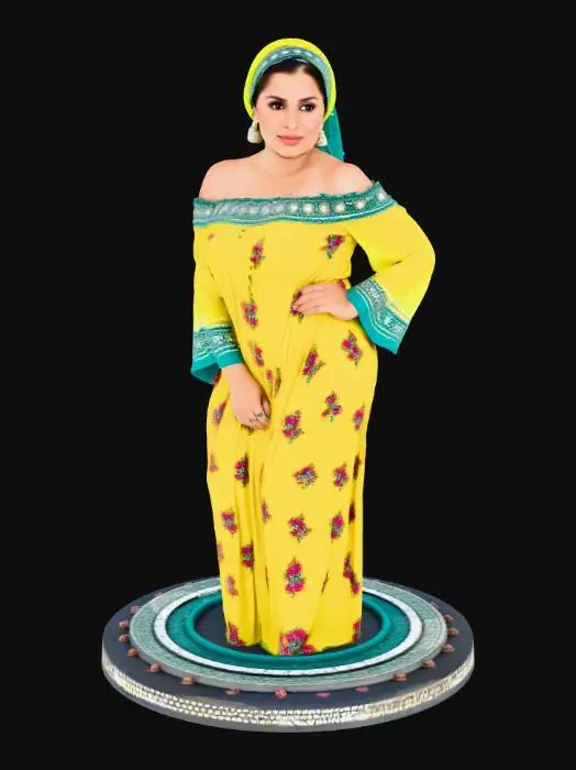 3D model for Sunlit Yellow Abaya with Teal Embroidery, pakistani woman with yellow dress and headcarf, tight butt, with vibrant hues and meticulous details, Magnificently decorated oriental dress