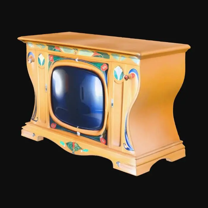 3D model for Art Nouveau Floral TV Cabinet, Old tube television with Art Nouveau ornaments. The television is made of silk matt lacquered wood. The screen is made of glass and is high gloss