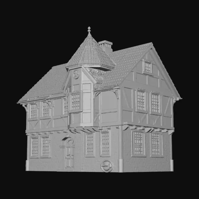 3D model for German half-timbered house made of oak with masonry infill, white lattice windows, old hand-formed red clay roof tiles, gabled roof with dormers. The front door has infill panels and a small window, At one of the corners of the house is an octagonal tower with a pointed roof. The tower is also half-timbered