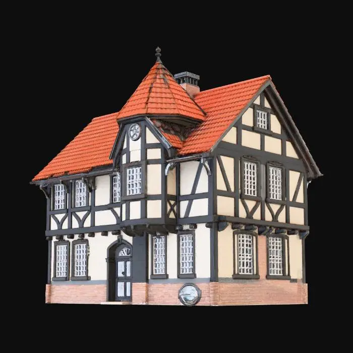 3D model for German half-timbered house made of oak with masonry infill, white lattice windows, old hand-formed red clay roof tiles, gabled roof with dormers. The front door has infill panels and a small window, At one of the corners of the house is an octagonal tower with a pointed roof. The tower is also half-timbered