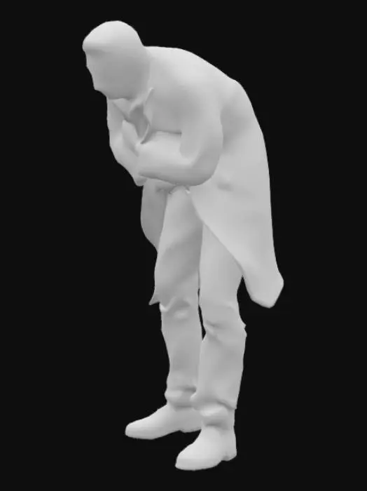 3D model for A scientist with old clothes, yellow, protruding eyes, and torn, worn-out clothes, sits in the corner of the room, hugging her knees and shouting.