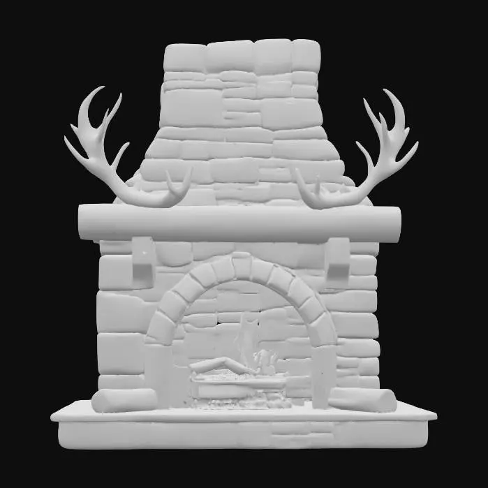 3D model for stone fireplace with a log mantle and elk antlers hung above the mantle 