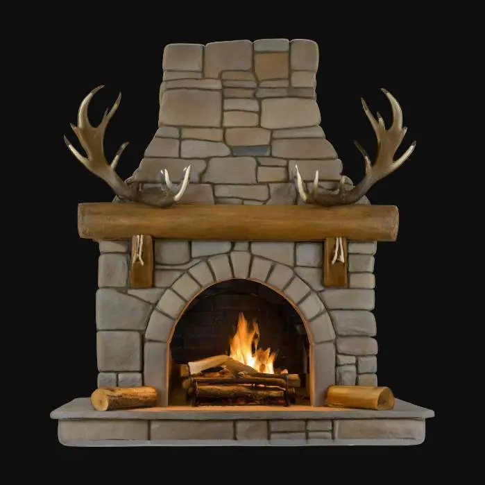 3D model for stone fireplace with a log mantle and elk antlers hung above the mantle 