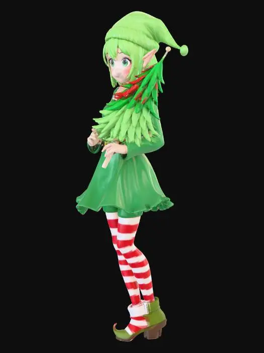 3D model for Anime teenage elf girl with green dress with red and white striped stockings, #Christmas2025#