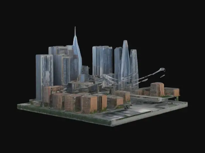 3D model for major city with skyscrapers and a suspension bridge