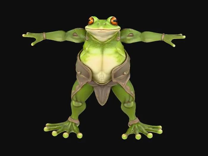 3D model for A highly detailed 3D model of a Frog Humanoid creature. The creature should have a hunched, muscular, humanoid body but Make it's legs slightly more narrow and frog like. Give it a Frog like skin texture, and Webbed hands and feet that resemble a frog. The model must be posed in a symmetrical T-pose, with clear limb separation for rigging. Keep the design Fantasy, but elevate the realism with defined anatomy, believable muscle structure, and fantasy creature proportions. He is wearing a regal set of armor Medieval armor consisting of plate and leather. Make the Model game-ready, with clean topology, ready for skeletal rigging and animation in Unreal Engine 5.3. Exclude base or background, and focus on a visually rich, riggable creature silhouette suitable for fantasy RPG environments.