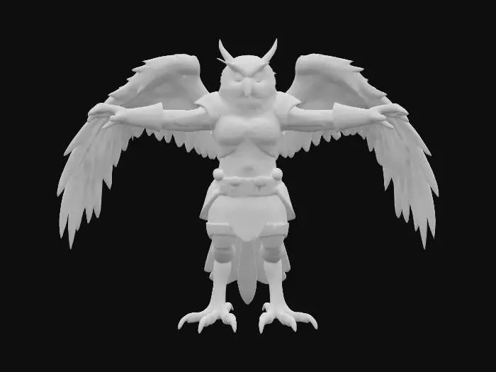 3D model for A highly detailed 3D model of a Owl Humanoid creature. The creature should have a muscular, Lean humanoid body With an Owl Head and wings. Make it's feet Owl Talons, the rest of the body can have feathers or flesh. The model must be posed in a symmetrical T-pose, with clear limb separation for rigging. Keep the design Fantasy, but elevate the realism with defined anatomy, believable muscle structure, and fantasy creature proportions. He is wearing a detailed sharp Medieval armor consisting of mostly plate and  some leather. Make the Model game-ready, with clean topology, ready for skeletal rigging and animation in Unreal Engine 5.3. Exclude base or background, and focus on a visually rich, sharp riggable creature silhouette suitable for fantasy RPG environments.