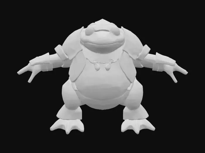 3D model for A highly detailed 3D model of a Frog Humanoid creature. The creature should have a hunched, muscular, humanoid body but Make it's legs slightly more narrow and frog like. Give it a Frog like skin texture with frog like Webbed hands and feet. The model must be posed in a symmetrical T-pose, with clear limb separation for rigging. Keep the design Fantasy, but elevate the realism with defined anatomy, believable muscle structure, and fantasy creature proportions. He is wearing a detailed sharp Medieval armor consisting of mostly plate and  some leather. Make the Model game-ready, with clean topology, ready for skeletal rigging and animation in Unreal Engine 5.3. Exclude base or background, and focus on a visually rich, sharp riggable creature silhouette suitable for fantasy RPG environments.