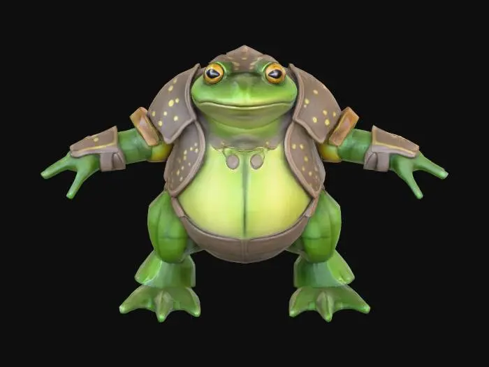 3D model for A highly detailed 3D model of a Frog Humanoid creature. The creature should have a hunched, muscular, humanoid body but Make it's legs slightly more narrow and frog like. Give it a Frog like skin texture with frog like Webbed hands and feet. The model must be posed in a symmetrical T-pose, with clear limb separation for rigging. Keep the design Fantasy, but elevate the realism with defined anatomy, believable muscle structure, and fantasy creature proportions. He is wearing a detailed sharp Medieval armor consisting of mostly plate and  some leather. Make the Model game-ready, with clean topology, ready for skeletal rigging and animation in Unreal Engine 5.3. Exclude base or background, and focus on a visually rich, sharp riggable creature silhouette suitable for fantasy RPG environments.