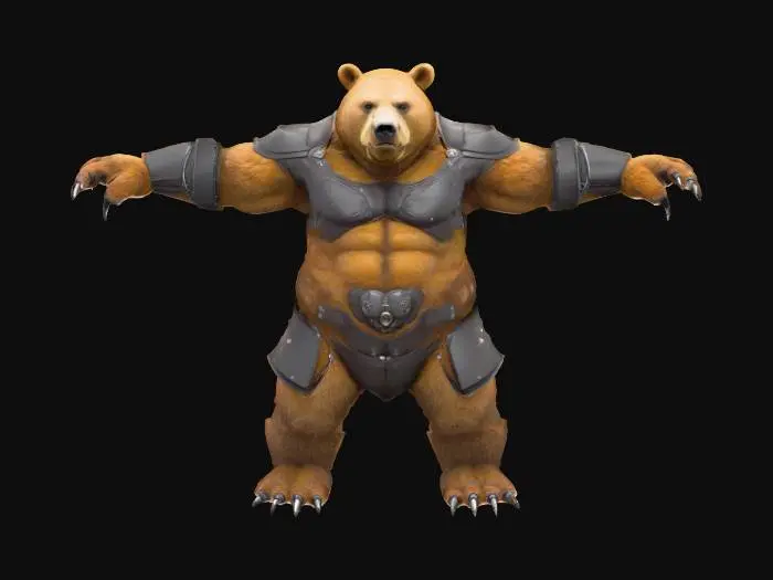 3D model for A highly detailed 3D model of a Bear Humanoid creature. The creature should have a hunched, muscular, humanoid body With bear features. Give it a Bear fur texture with Paws  like Feet and hands. The model must be posed in a symmetrical T-pose, with clear limb separation for rigging. Keep the design Fantasy, but elevate the realism with defined anatomy, believable muscle structure, and fantasy creature proportions. He is wearing a detailed sharp Medieval armor consisting of mostly plate and  some leather. Make the Model game-ready, with clean topology, ready for skeletal rigging and animation in Unreal Engine 5.3. Exclude base or background, and focus on a visually rich, sharp riggable creature silhouette suitable for fantasy RPG environments.
