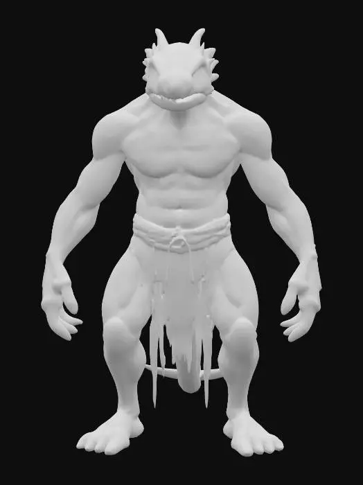3D model for Generate a realistic, highly detailed 3D model of a troglodyte from Heroes of Might and Magic®, posed in a clean T-pose for rigging. The creature should be eyeless, with a rough, reptilian skin texture, thick limbs, hunched back, long clawed fingers, and subtle stone-like scaling across its muscular frame. Emphasize natural anatomical structure—pronounced muscle groups, visible tendons, and realistic skin folds. No clothing, armor, or weapons—pure organic design. Maintain exaggerated surface depth for speed painting and ensure the model is watertight and printable, with no overly thin features.