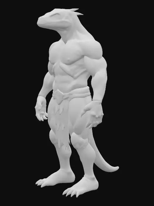 3D model for Generate a realistic, highly detailed 3D model of a troglodyte from Heroes of Might and Magic®, posed in a clean T-pose for rigging. The creature should be eyeless, with a rough, reptilian skin texture, thick limbs, hunched back, long clawed fingers, and subtle stone-like scaling across its muscular frame. Emphasize natural anatomical structure—pronounced muscle groups, visible tendons, and realistic skin folds. No clothing, armor, or weapons—pure organic design. Maintain exaggerated surface depth for speed painting and ensure the model is watertight and printable, with no overly thin features.