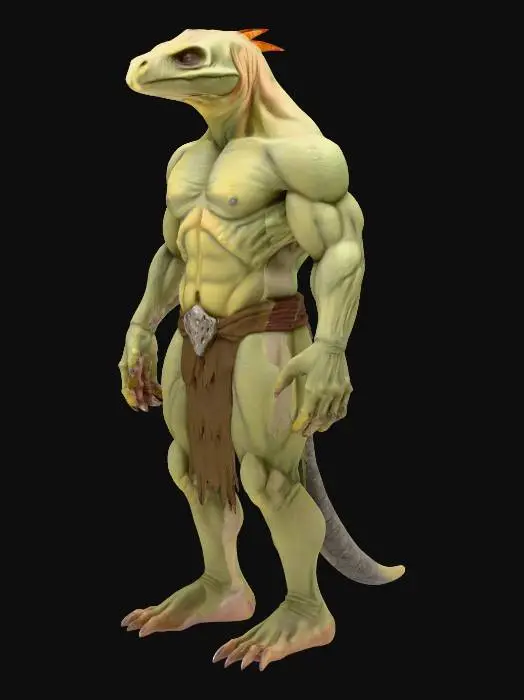 3D model for Generate a realistic, highly detailed 3D model of a troglodyte from Heroes of Might and Magic®, posed in a clean T-pose for rigging. The creature should be eyeless, with a rough, reptilian skin texture, thick limbs, hunched back, long clawed fingers, and subtle stone-like scaling across its muscular frame. Emphasize natural anatomical structure—pronounced muscle groups, visible tendons, and realistic skin folds. No clothing, armor, or weapons—pure organic design. Maintain exaggerated surface depth for speed painting and ensure the model is watertight and printable, with no overly thin features.