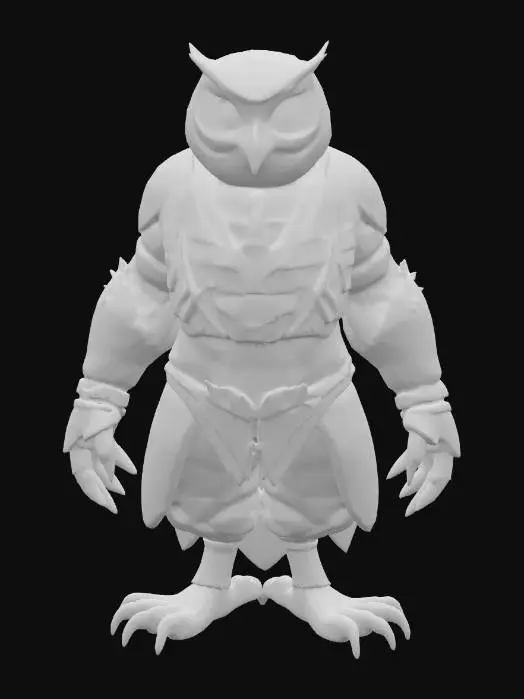 3D model for A highly detailed 3D model of a Owl Humanoid creature. The creature should have a muscular, Lean humanoid body With an Owl Head and wings. Make it's feet Owl Talons, the rest of the body can have feathers or flesh. The model must be posed in a symmetrical T-pose, with clear limb separation for rigging. Keep the design Fantasy, but elevate the realism with defined anatomy, believable muscle structure, and fantasy creature proportions. He is wearing a detailed sharp Medieval armor consisting of mostly plate and  some leather. Make the Model game-ready, with clean topology, ready for skeletal rigging and animation in Unreal Engine 5.3. Exclude base or background, and focus on a visually rich, sharp riggable creature silhouette suitable for fantasy RPG environments.