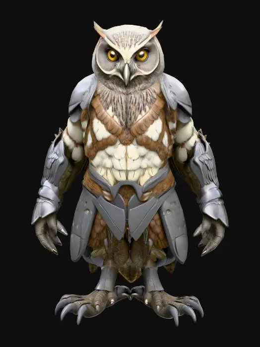 3D model for A highly detailed 3D model of a Owl Humanoid creature. The creature should have a muscular, Lean humanoid body With an Owl Head and wings. Make it's feet Owl Talons, the rest of the body can have feathers or flesh. The model must be posed in a symmetrical T-pose, with clear limb separation for rigging. Keep the design Fantasy, but elevate the realism with defined anatomy, believable muscle structure, and fantasy creature proportions. He is wearing a detailed sharp Medieval armor consisting of mostly plate and  some leather. Make the Model game-ready, with clean topology, ready for skeletal rigging and animation in Unreal Engine 5.3. Exclude base or background, and focus on a visually rich, sharp riggable creature silhouette suitable for fantasy RPG environments.