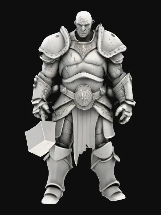 3D model for "Create a highly detailed Warhammer-style humanoid warrior figurine for sharp, high-definition 3D printing. The warrior should wear chaotic plate mail with gladiator-inspired design—segmented armor, ornate yet battle-worn, with scratches, dents, and jagged edges. Equip him with one crude weapon—either a warhammer, axe, spear, long sword with shield, bow, or daggers—crafted with rough, brutal metalwork. The figure should have a powerful, imposing stance, showing strength and menace, with exaggerated proportions in true Warhammer style. Include intricate surface details such as rivets, leather straps, and scars. Pose should be balanced and battle-ready. Include a reinforced, neutral display base designed to fully support the model for 3D printing stability.