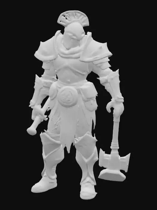 3D model for "Create a highly detailed Warhammer-style humanoid warrior figurine for sharp, high-definition 3D printing. The warrior should wear chaotic plate mail with gladiator-inspired design—segmented armor, ornate yet battle-worn, with scratches, dents, and jagged edges. Equip him with one crude weapon—either a warhammer, axe, spear, long sword with shield, bow, or daggers—crafted with rough, brutal metalwork. The figure should have a powerful, imposing stance, showing strength and menace, with exaggerated proportions in true Warhammer style. Include intricate surface details such as rivets, leather straps, and scars. Pose should be balanced and battle-ready. Include a reinforced, neutral display base designed to fully support the model for 3D printing stability.