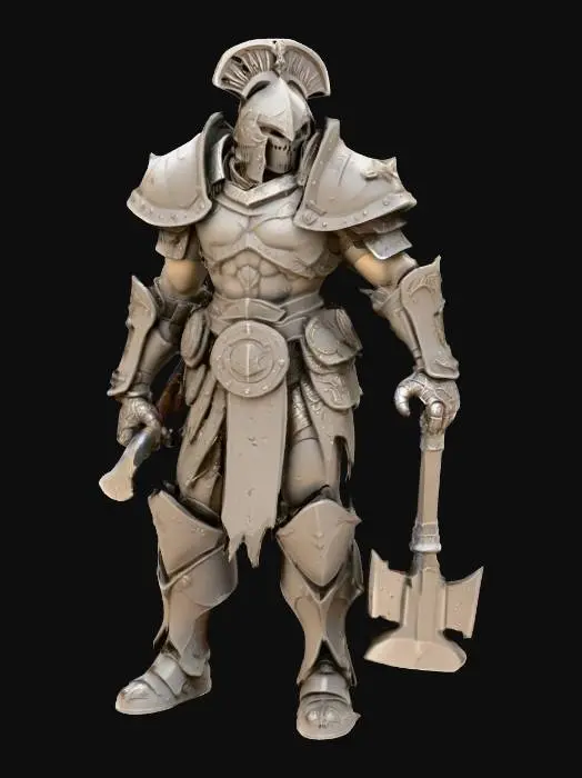 3D model for "Create a highly detailed Warhammer-style humanoid warrior figurine for sharp, high-definition 3D printing. The warrior should wear chaotic plate mail with gladiator-inspired design—segmented armor, ornate yet battle-worn, with scratches, dents, and jagged edges. Equip him with one crude weapon—either a warhammer, axe, spear, long sword with shield, bow, or daggers—crafted with rough, brutal metalwork. The figure should have a powerful, imposing stance, showing strength and menace, with exaggerated proportions in true Warhammer style. Include intricate surface details such as rivets, leather straps, and scars. Pose should be balanced and battle-ready. Include a reinforced, neutral display base designed to fully support the model for 3D printing stability.