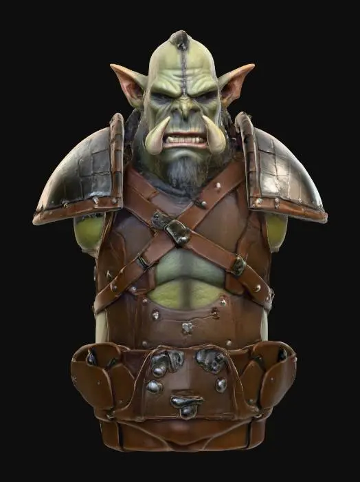 3D model for High-resolution, hyper-realistic textures for an Orc warrior. Patchwork plate armor with worn metal, scratches, dents, and rust details. Leather armor with visible stitching, weathering, and subtle dirt. Green skin with pores, scars, and rough, leathery surface. Tusks with cracks and slight discoloration. Eyes glossy and reflective. Emphasize grime, wear, and realistic material variation. Textures suitable for PBR workflows with detailed diffuse, roughness, and metallic maps. Keep gritty, Warhammer-inspired fantasy style.