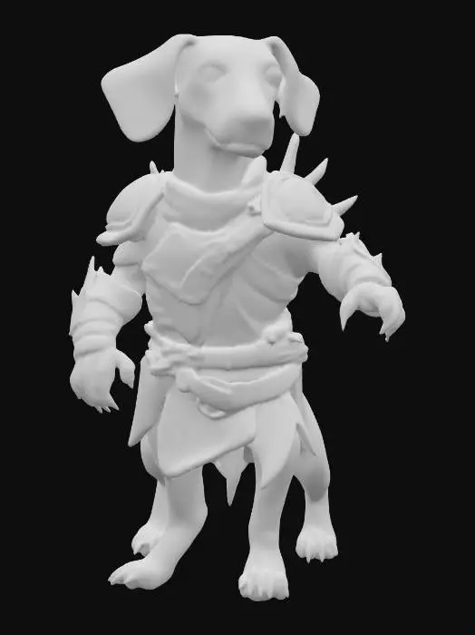 3D model for Create a hyper-realistic humanoid wiener dog warrior miniature for 3D printing, standing in a heroic pose. Proportions are short and muscular with dachshund features—long snout, drooping ears. Wearing chaotic bone and leather armor with exaggerated jagged edges, asymmetrical plates, and stitched hide details in the style of Warhammer fantasy. No weapon, relying on intimidating stance. Menacing, grim facial expression with defined snarl. Model should have clear, deep panel lines, exaggerated textures, and durable proportions for resin printing. Design with speed painting in mind—large readable surfaces, minimal fragile parts, and strong silhouette. Background unnecessary, focus solely on printable character model.