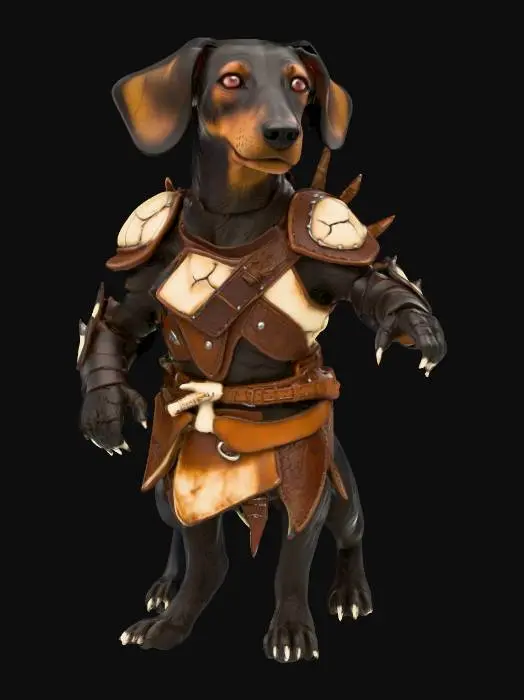 3D model for Create a hyper-realistic humanoid wiener dog warrior miniature for 3D printing, standing in a heroic pose. Proportions are short and muscular with dachshund features—long snout, drooping ears. Wearing chaotic bone and leather armor with exaggerated jagged edges, asymmetrical plates, and stitched hide details in the style of Warhammer fantasy. No weapon, relying on intimidating stance. Menacing, grim facial expression with defined snarl. Model should have clear, deep panel lines, exaggerated textures, and durable proportions for resin printing. Design with speed painting in mind—large readable surfaces, minimal fragile parts, and strong silhouette. Background unnecessary, focus solely on printable character model.