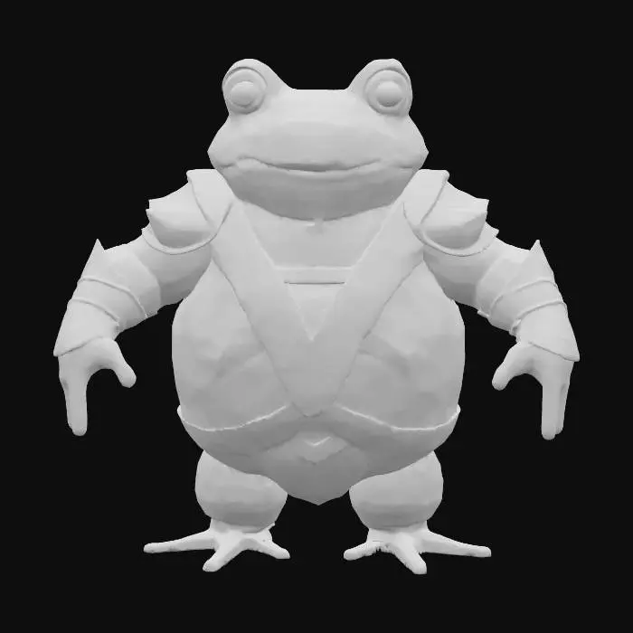 3D model for A highly detailed 3D model of a Frog Humanoid creature. The creature should have a hunched, muscular, humanoid body but Make it's legs slightly more narrow and frog like. Give it a Frog like skin texture with frog like Webbed hands and feet. The model must be posed in a symmetrical T-pose, with clear limb separation for rigging. Keep the design Fantasy, but elevate the realism with defined anatomy, believable muscle structure, and fantasy creature proportions. He is wearing a detailed sharp Medieval armor consisting of mostly plate and  some leather. Make the Model game-ready, with clean topology, ready for skeletal rigging and animation in Unreal Engine 5.3. Exclude base or background, and focus on a visually rich, sharp riggable creature silhouette suitable for fantasy RPG environments.