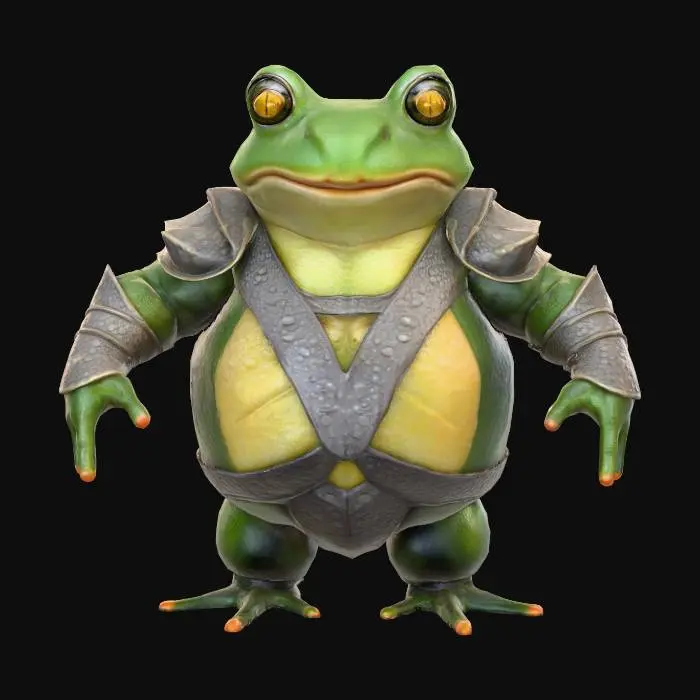 3D model for A highly detailed 3D model of a Frog Humanoid creature. The creature should have a hunched, muscular, humanoid body but Make it's legs slightly more narrow and frog like. Give it a Frog like skin texture with frog like Webbed hands and feet. The model must be posed in a symmetrical T-pose, with clear limb separation for rigging. Keep the design Fantasy, but elevate the realism with defined anatomy, believable muscle structure, and fantasy creature proportions. He is wearing a detailed sharp Medieval armor consisting of mostly plate and  some leather. Make the Model game-ready, with clean topology, ready for skeletal rigging and animation in Unreal Engine 5.3. Exclude base or background, and focus on a visually rich, sharp riggable creature silhouette suitable for fantasy RPG environments.