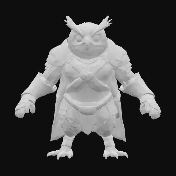 3D model for A highly detailed 3D model of a Owl Humanoid creature. The creature should have a muscular, Lean humanoid body With an Owl Head and wings. Make it's feet Owl Talons, the rest of the body can have feathers or flesh. The model must be posed in a symmetrical T-pose, with clear limb separation for rigging. Keep the design Fantasy, but elevate the realism with defined anatomy, believable muscle structure, and fantasy creature proportions. He is wearing a detailed sharp Medieval armor consisting of mostly plate and  some leather. Make the Model game-ready, with clean topology, ready for skeletal rigging and animation in Unreal Engine 5.3. Exclude base or background, and focus on a visually rich, sharp riggable creature silhouette suitable for fantasy RPG environments.
