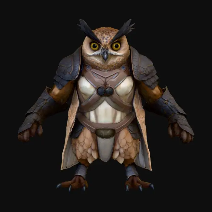 3D model for A highly detailed 3D model of a Owl Humanoid creature. The creature should have a muscular, Lean humanoid body With an Owl Head and wings. Make it's feet Owl Talons, the rest of the body can have feathers or flesh. The model must be posed in a symmetrical T-pose, with clear limb separation for rigging. Keep the design Fantasy, but elevate the realism with defined anatomy, believable muscle structure, and fantasy creature proportions. He is wearing a detailed sharp Medieval armor consisting of mostly plate and  some leather. Make the Model game-ready, with clean topology, ready for skeletal rigging and animation in Unreal Engine 5.3. Exclude base or background, and focus on a visually rich, sharp riggable creature silhouette suitable for fantasy RPG environments.