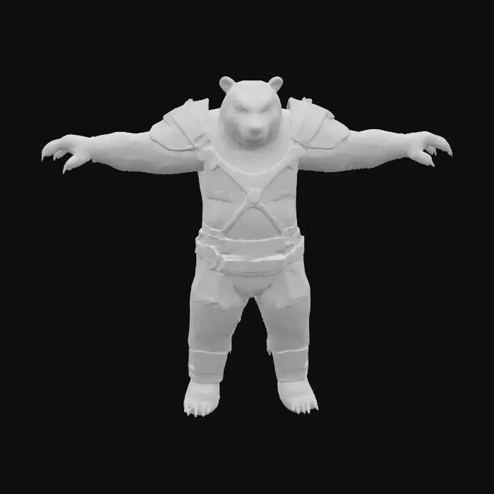 3D model for A highly detailed 3D model of a Bear Humanoid creature. The creature should have a hunched, muscular, humanoid body With bear features. Give it a Bear fur texture with Paws  like Feet and hands. The model must be posed in a symmetrical T-pose, with clear limb separation for rigging. Keep the design Fantasy, but elevate the realism with defined anatomy, believable muscle structure, and fantasy creature proportions. He is wearing a detailed sharp Medieval armor consisting of mostly plate and  some leather. Make the Model game-ready, with clean topology, ready for skeletal rigging and animation in Unreal Engine 5.3. Exclude base or background, and focus on a visually rich, sharp riggable creature silhouette suitable for fantasy RPG environments.
