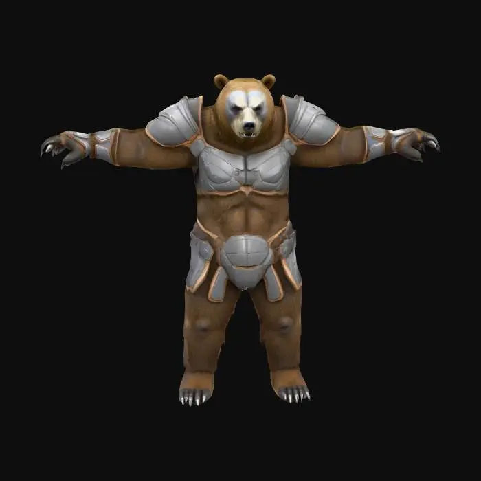 3D model for A highly detailed 3D model of a Bear Humanoid creature. The creature should have a hunched, muscular, humanoid body With bear features. Give it a Bear fur texture with Paws  like Feet and hands. The model must be posed in a symmetrical T-pose, with clear limb separation for rigging. Keep the design Fantasy, but elevate the realism with defined anatomy, believable muscle structure, and fantasy creature proportions. He is wearing a detailed sharp Medieval armor consisting of mostly plate and  some leather. Make the Model game-ready, with clean topology, ready for skeletal rigging and animation in Unreal Engine 5.3. Exclude base or background, and focus on a visually rich, sharp riggable creature silhouette suitable for fantasy RPG environments.