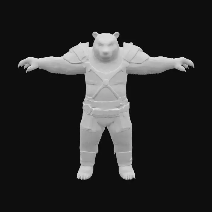 3D model for A highly detailed 3D model of a Bear Humanoid creature. The creature should have a hunched, muscular, humanoid body With bear features. Give it a Bear fur texture with Paws  like Feet and hands. The model must be posed in a symmetrical T-pose, with clear limb separation for rigging. Keep the design Fantasy, but elevate the realism with defined anatomy, believable muscle structure, and fantasy creature proportions. He is wearing a detailed sharp Medieval armor consisting of mostly plate and  some leather. Make the Model game-ready, with clean topology, ready for skeletal rigging and animation in Unreal Engine 5.3. Exclude base or background, and focus on a visually rich, sharp riggable creature silhouette suitable for fantasy RPG environments.