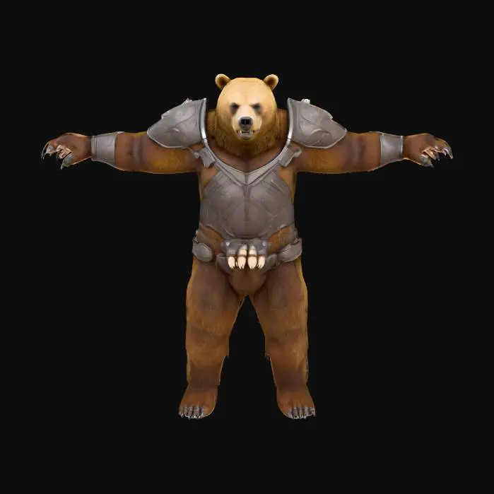3D model for A highly detailed 3D model of a Bear Humanoid creature. The creature should have a hunched, muscular, humanoid body With bear features. Give it a Bear fur texture with Paws  like Feet and hands. The model must be posed in a symmetrical T-pose, with clear limb separation for rigging. Keep the design Fantasy, but elevate the realism with defined anatomy, believable muscle structure, and fantasy creature proportions. He is wearing a detailed sharp Medieval armor consisting of mostly plate and  some leather. Make the Model game-ready, with clean topology, ready for skeletal rigging and animation in Unreal Engine 5.3. Exclude base or background, and focus on a visually rich, sharp riggable creature silhouette suitable for fantasy RPG environments.