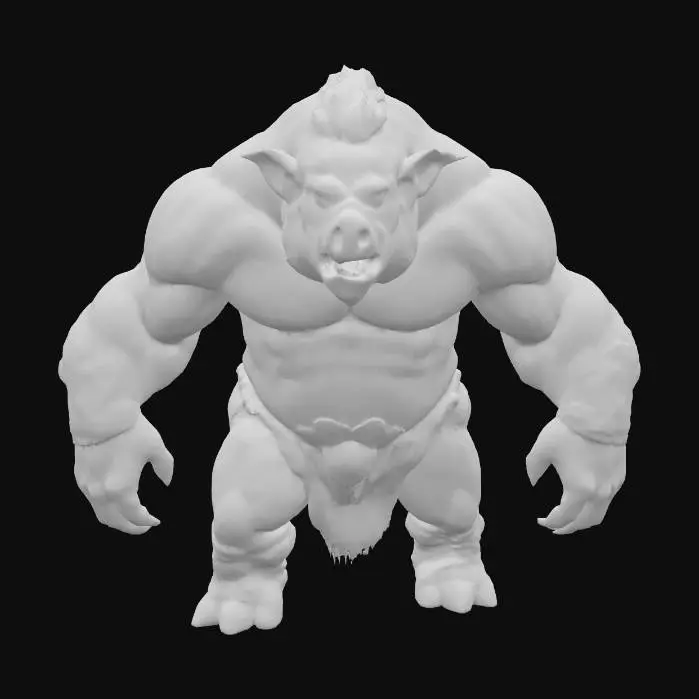 3D model for Create a full-body, front-facing concept of a large, muscular pig-humanoid hybrid in a dark fantasy style. The creature should have a bulky, boar-like frame with thick limbs, hooved feet, five-fingered human-like hands, and a hunched posture. Its face must combine realistic pig features—such as a snout, tusks, and coarse bristles—with a humanoid skull shape and expressive eyes. Skin should be leathery with patches of fur, scars, and visible muscle definition. No clothing, armor, or weapons. The pose should be neutral and symmetrical, with arms slightly out and legs shoulder-width apart. Emphasize clean detail for modeling: sharp silhouette, strong anatomy, and a realistic, grounded fantasy aesthetic.
