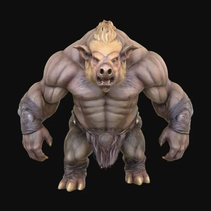 3D model for Create a full-body, front-facing concept of a large, muscular pig-humanoid hybrid in a dark fantasy style. The creature should have a bulky, boar-like frame with thick limbs, hooved feet, five-fingered human-like hands, and a hunched posture. Its face must combine realistic pig features—such as a snout, tusks, and coarse bristles—with a humanoid skull shape and expressive eyes. Skin should be leathery with patches of fur, scars, and visible muscle definition. No clothing, armor, or weapons. The pose should be neutral and symmetrical, with arms slightly out and legs shoulder-width apart. Emphasize clean detail for modeling: sharp silhouette, strong anatomy, and a realistic, grounded fantasy aesthetic.