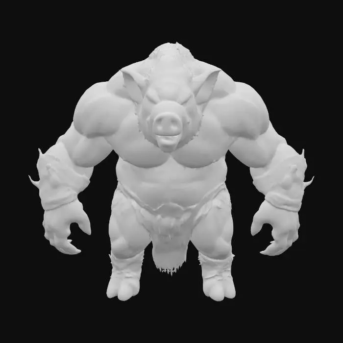 3D model for Create a full-body, front-facing concept of a large, muscular pig-humanoid hybrid in a dark fantasy style. The creature should have a bulky, boar-like frame with thick limbs, hooved feet, five-fingered human-like hands, and a hunched posture. Its face must combine realistic pig features—such as a snout, tusks, and coarse bristles—with a humanoid skull shape and expressive eyes. Skin should be leathery with patches of fur, scars, and visible muscle definition. No clothing, armor, or weapons. The pose should be neutral and symmetrical, with arms slightly out and legs shoulder-width apart. Emphasize clean detail for modeling: sharp silhouette, strong anatomy, and a realistic, grounded fantasy aesthetic.