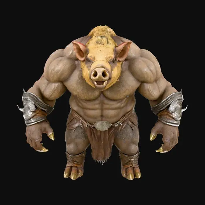3D model for Create a full-body, front-facing concept of a large, muscular pig-humanoid hybrid in a dark fantasy style. The creature should have a bulky, boar-like frame with thick limbs, hooved feet, five-fingered human-like hands, and a hunched posture. Its face must combine realistic pig features—such as a snout, tusks, and coarse bristles—with a humanoid skull shape and expressive eyes. Skin should be leathery with patches of fur, scars, and visible muscle definition. No clothing, armor, or weapons. The pose should be neutral and symmetrical, with arms slightly out and legs shoulder-width apart. Emphasize clean detail for modeling: sharp silhouette, strong anatomy, and a realistic, grounded fantasy aesthetic.