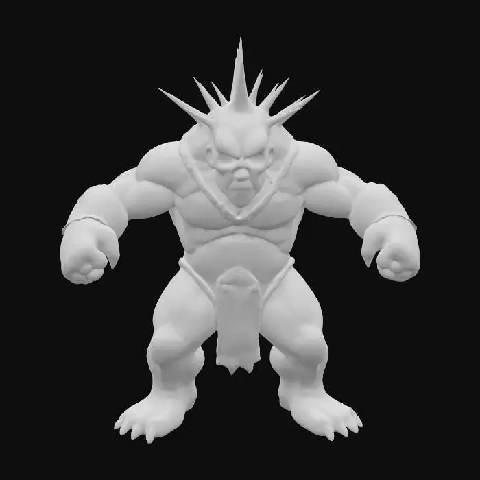 3D model for "A highly detailed 3D model of a Troglodyte creature based on its original design in Heroes of Might and Magic III. The creature should have a hunched, muscular, eyeless humanoid body with spiny ridges along the back, rough stone-like skin texture, and clawed hands and feet. The model must be posed in a symmetrical T-pose, with clear limb separation for rigging. Keep the design faithful to the original 1999 game aesthetics, but elevate the realism with defined anatomy, believable muscle structure, and fantasy creature proportions. No clothing or weapons. Model should be game-ready, with clean topology, ready for skeletal rigging and animation in Unreal Engine 5.3. Exclude base or background, and focus on a visually rich, riggable creature silhouette suitable for fantasy RPG environments.