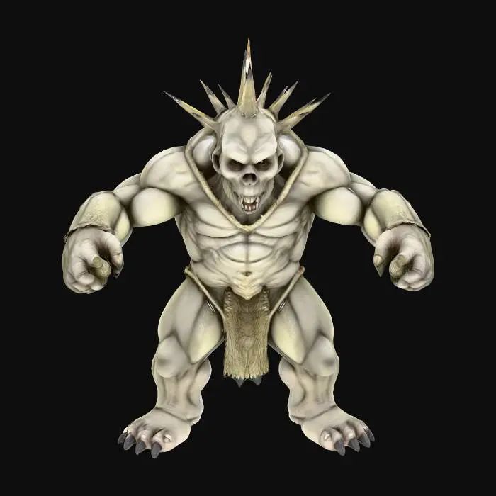 3D model for "A highly detailed 3D model of a Troglodyte creature based on its original design in Heroes of Might and Magic III. The creature should have a hunched, muscular, eyeless humanoid body with spiny ridges along the back, rough stone-like skin texture, and clawed hands and feet. The model must be posed in a symmetrical T-pose, with clear limb separation for rigging. Keep the design faithful to the original 1999 game aesthetics, but elevate the realism with defined anatomy, believable muscle structure, and fantasy creature proportions. No clothing or weapons. Model should be game-ready, with clean topology, ready for skeletal rigging and animation in Unreal Engine 5.3. Exclude base or background, and focus on a visually rich, riggable creature silhouette suitable for fantasy RPG environments.