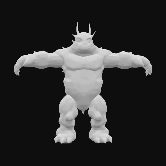 3D model for "A highly detailed 3D model of a Troglodyte creature based on its original design in Heroes of Might and Magic III. The creature should have a hunched, muscular, eyeless humanoid body with spiny ridges along the back, rough stone-like skin texture, and clawed hands and feet. The model must be posed in a symmetrical T-pose, with clear limb separation for rigging. Keep the design faithful to the original 1999 game aesthetics, but elevate the realism with defined anatomy, believable muscle structure, and fantasy creature proportions. No clothing or weapons. Model should be game-ready, with clean topology, ready for skeletal rigging and animation in Unreal Engine 5.3. Exclude base or background, and focus on a visually rich, riggable creature silhouette suitable for fantasy RPG environments.