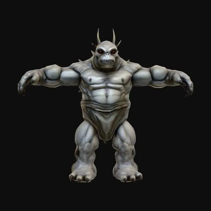3D model for "A highly detailed 3D model of a Troglodyte creature based on its original design in Heroes of Might and Magic III. The creature should have a hunched, muscular, eyeless humanoid body with spiny ridges along the back, rough stone-like skin texture, and clawed hands and feet. The model must be posed in a symmetrical T-pose, with clear limb separation for rigging. Keep the design faithful to the original 1999 game aesthetics, but elevate the realism with defined anatomy, believable muscle structure, and fantasy creature proportions. No clothing or weapons. Model should be game-ready, with clean topology, ready for skeletal rigging and animation in Unreal Engine 5.3. Exclude base or background, and focus on a visually rich, riggable creature silhouette suitable for fantasy RPG environments.