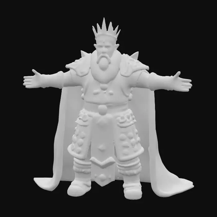 3D model for Create a highly detailed hyper realistic. Warhammer-style 3D model of a Dwarf King, designed in a neutral, symmetrical T-pose for rigging. The dwarf should be short, broad, and heavily built, with a long, intricately braided beard adorned with gold and gemstone ornaments. He wears ornate heavy armor in the Warhammer fantasy style, decorated with runes, engravings, and battle-worn dents. The armor should feature layered plate, chainmail, and fur trim, along with a regal, heavily detailed crown or helm. Equip him with no weapon or cape to keep the rigging clean, but ensure hands are fully modeled and separated. Emphasize crisp details in beard strands, armor textures, and facial features. Mesh must be clean, airtight, and high definition with Smooth topology. 