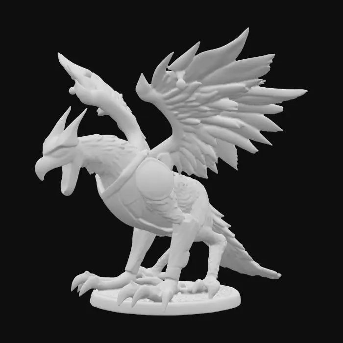 3D model for A Highly detailed Warhammer style miniature of a mighty ferocious armored Gryphon. Make sure the mesh has a readable surface with deep details in ultra 4k quality.